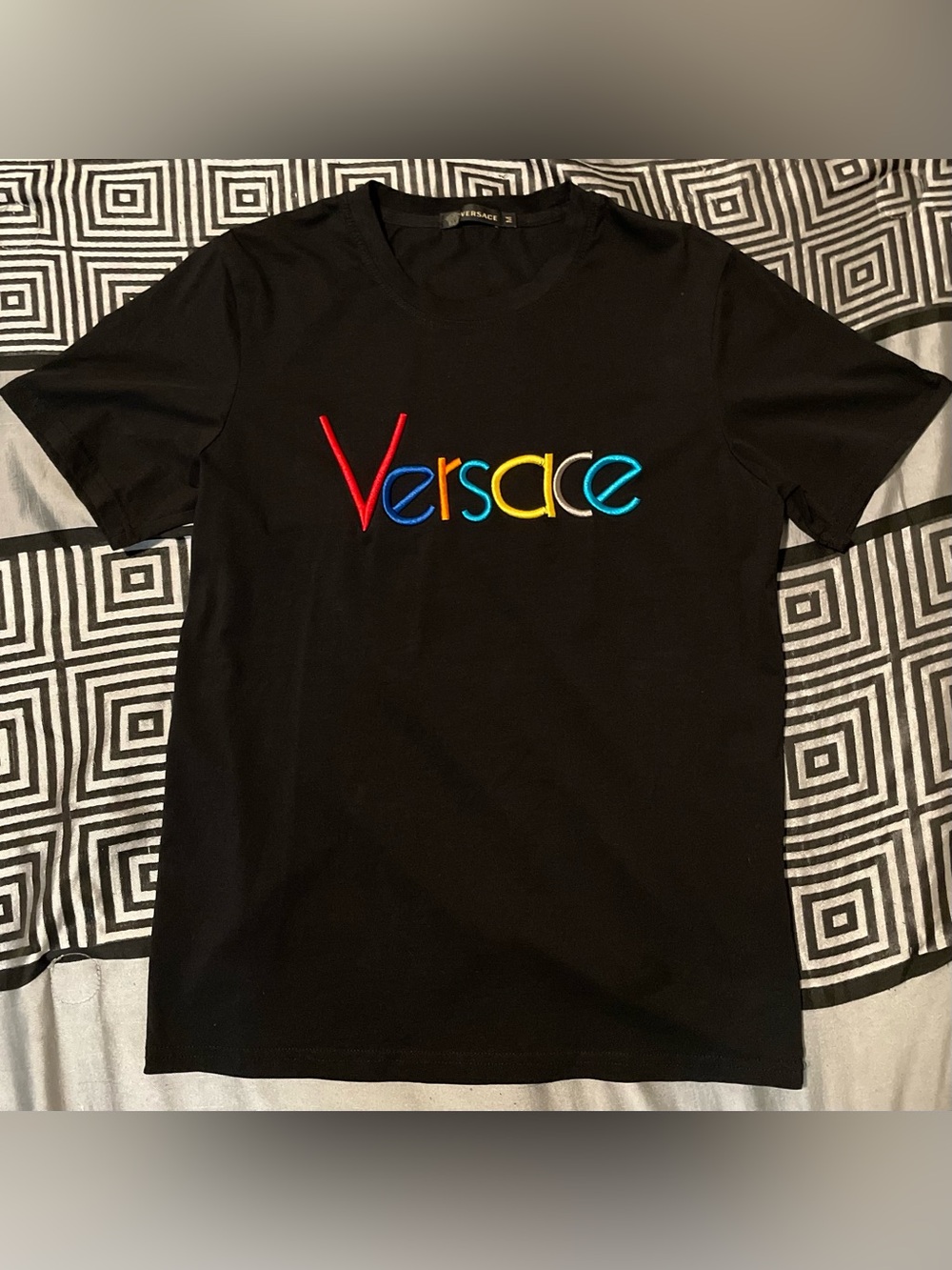 Versace Black Short Sleeve Tee with Multicolor Embroidered Logo